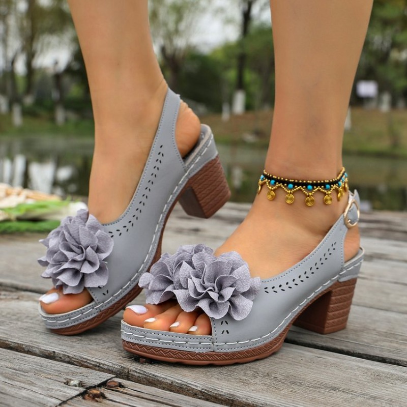 Peep Toe Heels - Vintage Flower Decorate Peep Toe Sandals