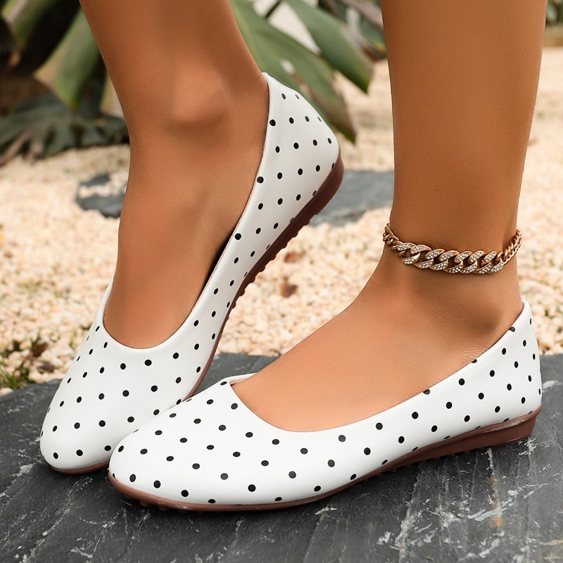 Women Shoes Wedges - Ladies White Polka Dot Flats Round