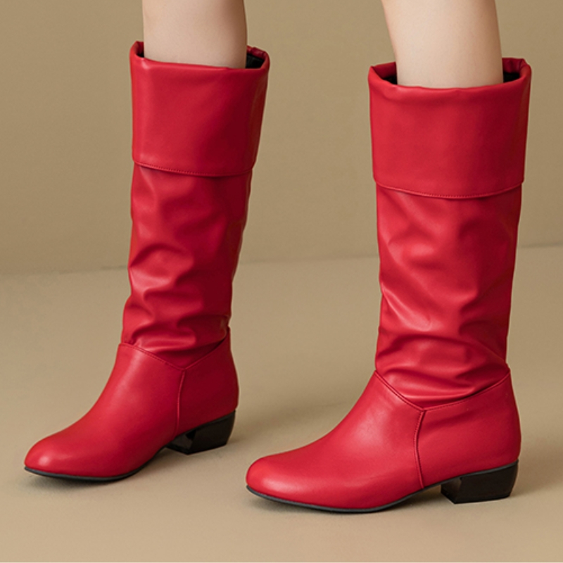 Women Shoes Waterproof - Slip on Knee High Boots Pleated