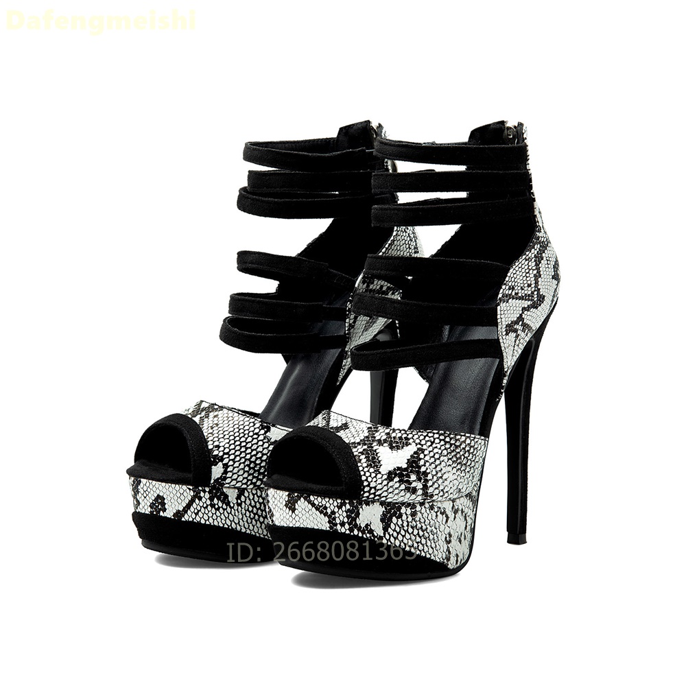 Peep Toe Heels - Snake Print Platform Ankle Strap Sandals