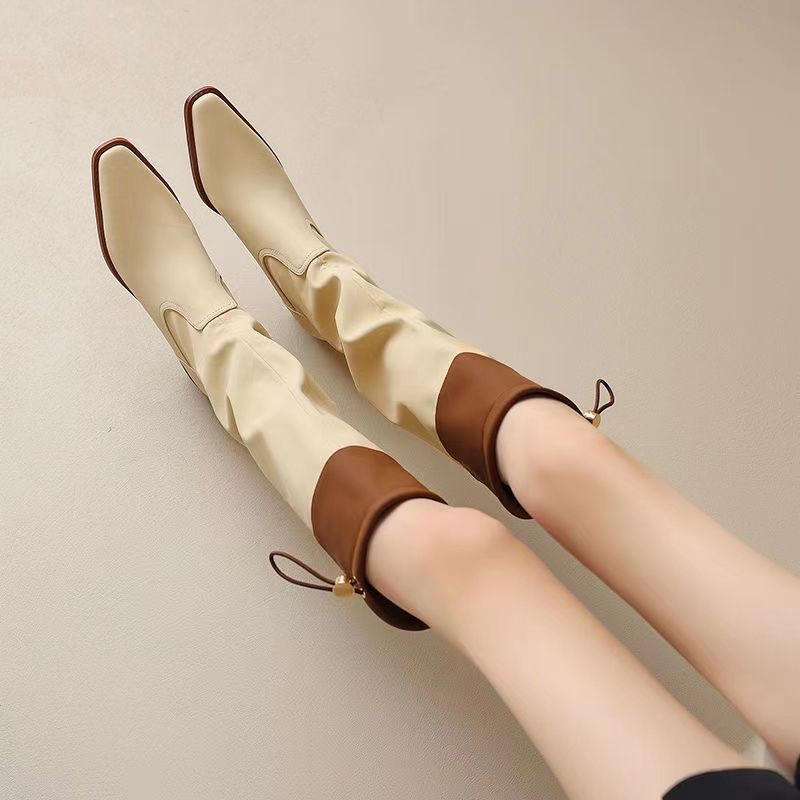 Women Shoes Waterproof - Apricot Square Toe Women's Long Boots